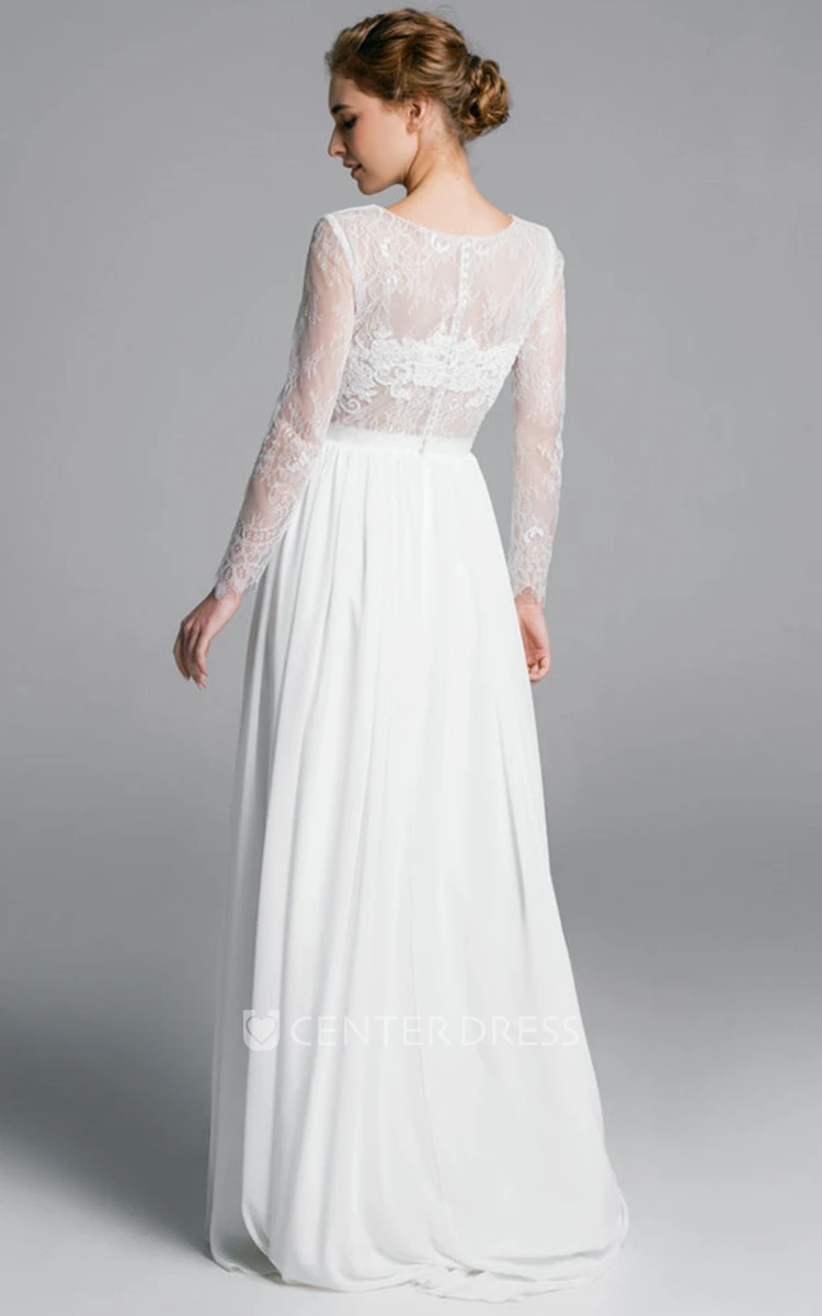 Modest Bateau A Line Chiffon and Lace Wedding Dress with Ruching