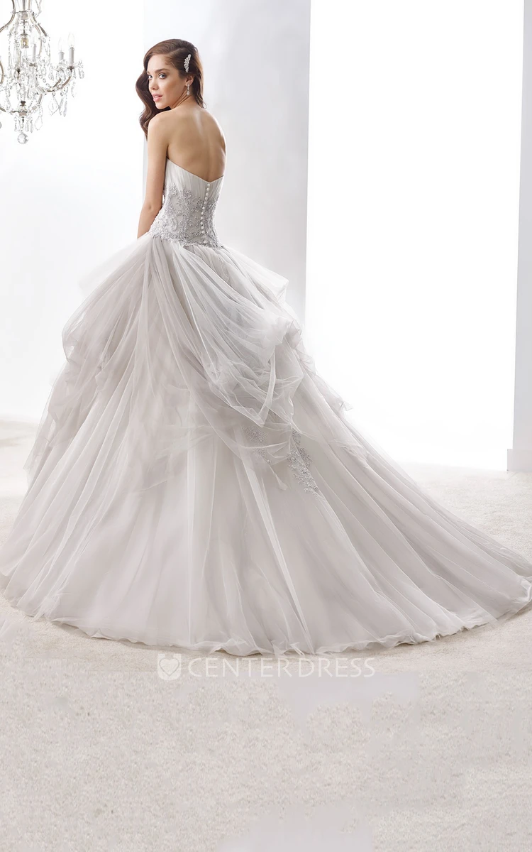 Strapless Beaded A-Line Ruching Bridal Gown With Floral Decoration And Pleated Bust