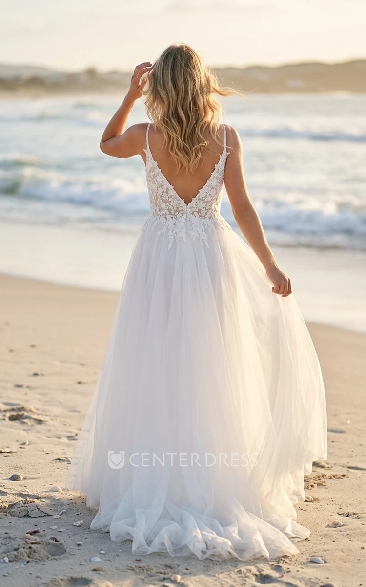 Rustic Lace A-Line Spaghetti Wedding Dress Sleeveless Deep V-Neck Elopement Bridal Gown