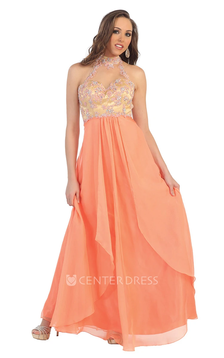 A-Line High Neck Sleeveless Chiffon Keyhole Dress With Appliques And Pleats