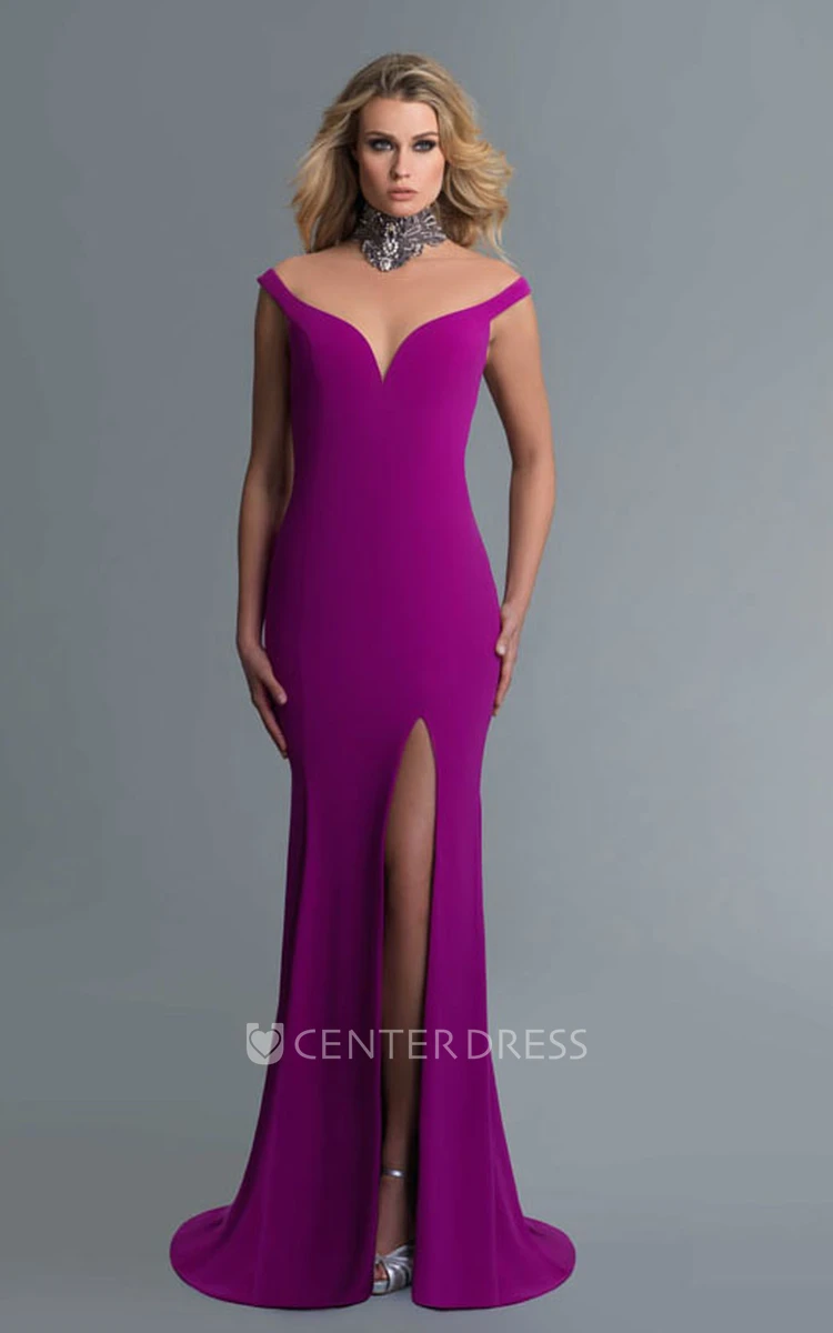 Sheath Maxi V-Neck Sleeveless Jersey Illusion Dress With Split Front