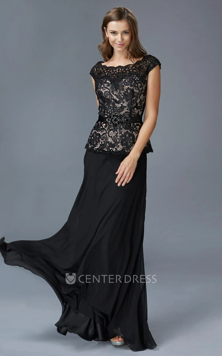 Sheath Long Scoop-Neck Cap-Sleeve Chiffon Zipper Dress With Lace And Appliques