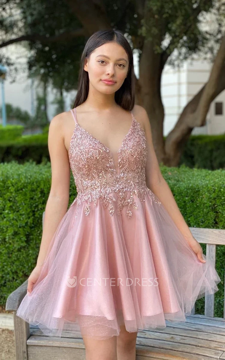 Sexy A Line Plunging Neckline Lace Short Homecoming Dress with Appliques