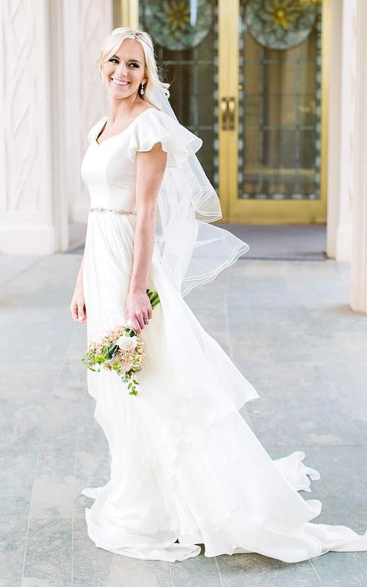 A Line V-neck Chiffon Zipper Wedding Gown