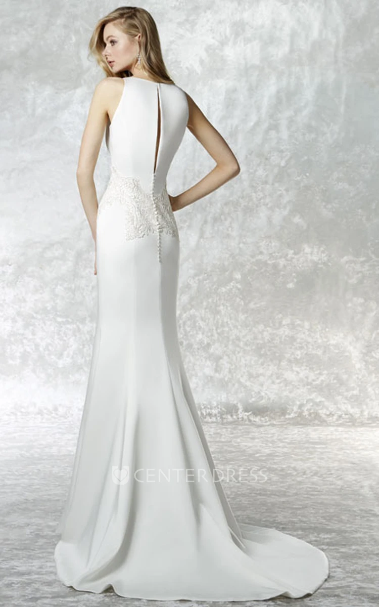 Long High Neck Appliqued Jersey Wedding Dress With Sweep Train