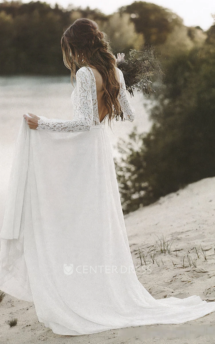 Black lace deep v-neck wedding dress with long sleeve scalloped bodice