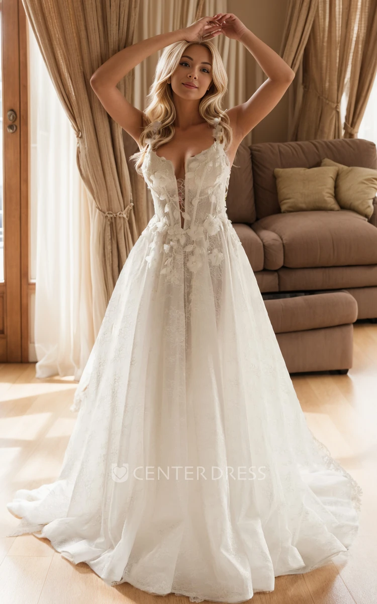 Elegant Flowy A-Line Spaghetti Straps Boho Lace Wedding Dress Modern Floral Backless Court Train Bridal Gown