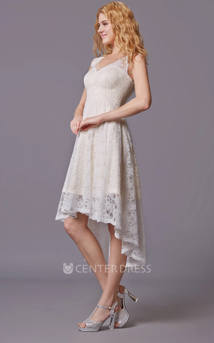 Simple Lace High Low Bridesmaid Dress With Sleeveless Lacy Style and Asymmetrical Cut
