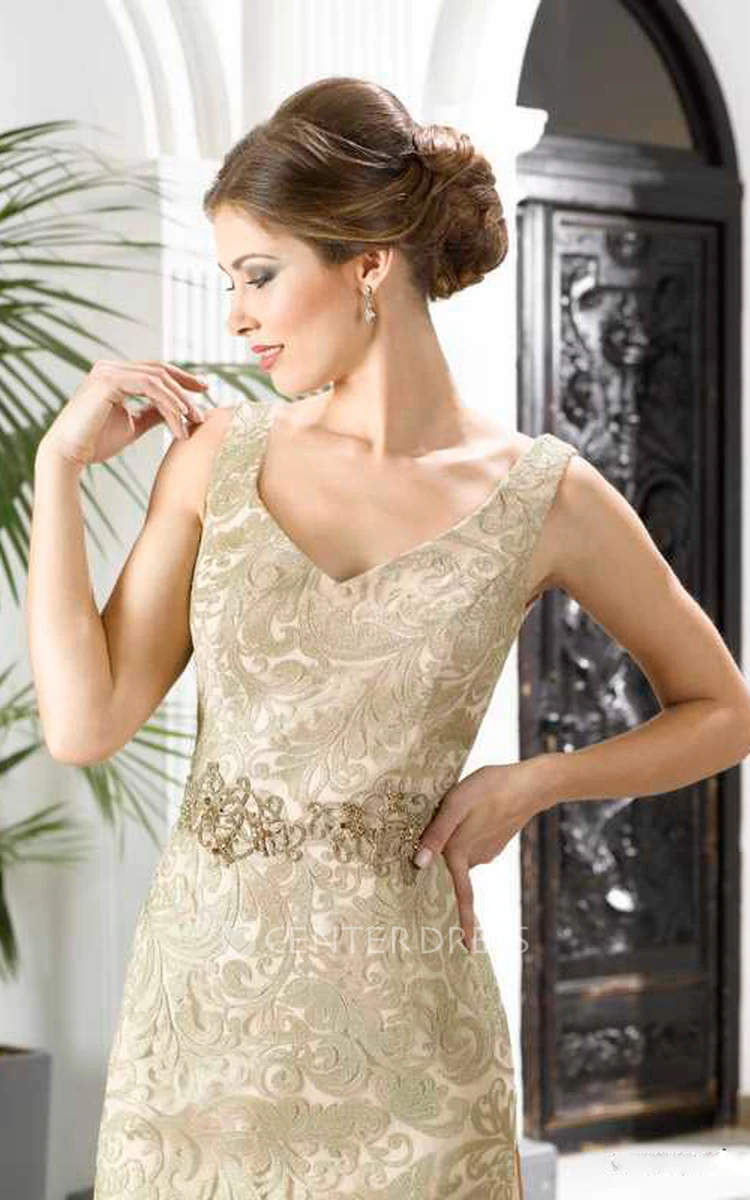 A-Line Floor-Length V-Neck Sleeveless Lace Waist Jewellery Detachable Train Low-V Back Dress