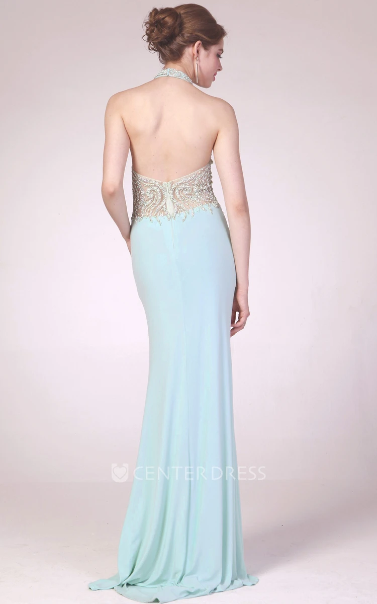 Sheath High Neck Sleeveless Jersey Backless Dress With Beading And Split Front