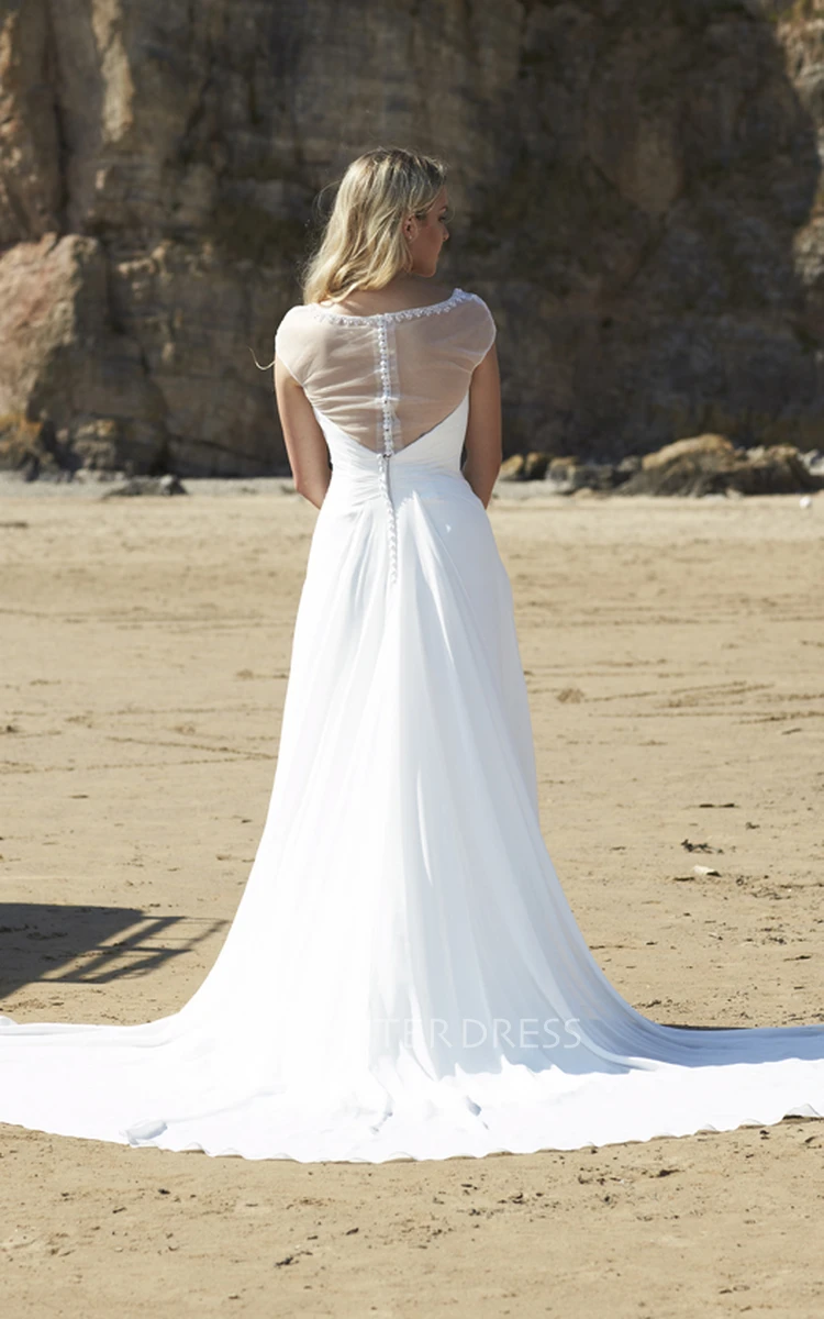 A-Line Cap-Sleeve Chiffon Wedding Dress With Beading And Illusion