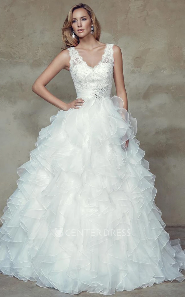 Ball-Gown Floor-Length V-Neck Appliqued Sleeveless Organza Wedding Dress With Cascading Ruffles And Low-V Back