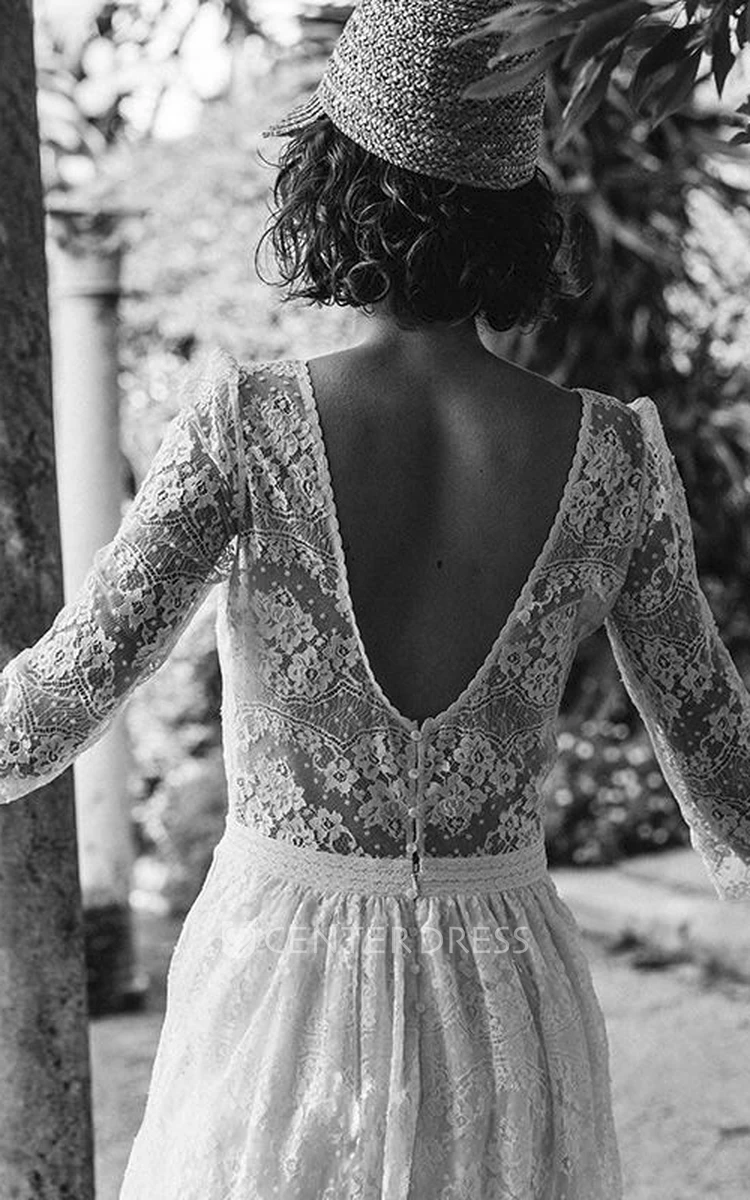 Long Sleeve Vintage Scoop Neck Tea-length Lace Wedding Dress With V-back
