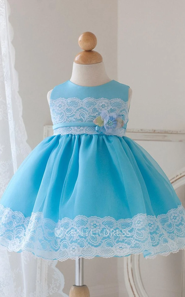 Tea-Length Floral Appliqued Lace&Organza Flower Girl Dress With Sash