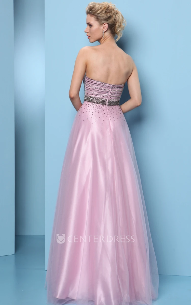 A-Line Beaded Long Sleeveless Sweetheart Tulle&Satin Prom Dress