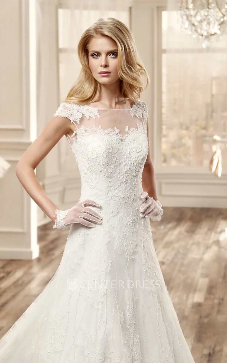 Cap-Sleeve Long Wedding Dress With Illusive Neckline And Court Train