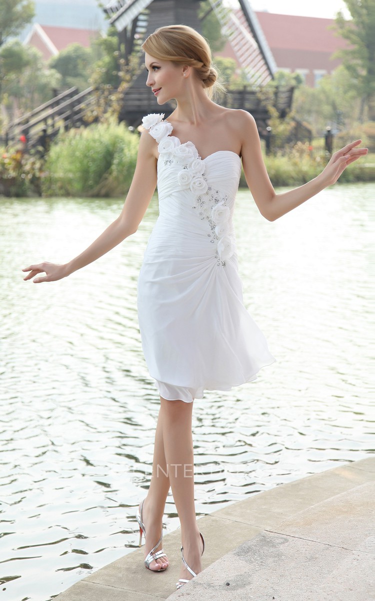 Asymmetrical Chiffon One Shoulder Knee Length Wedding Dress With Floral Strap