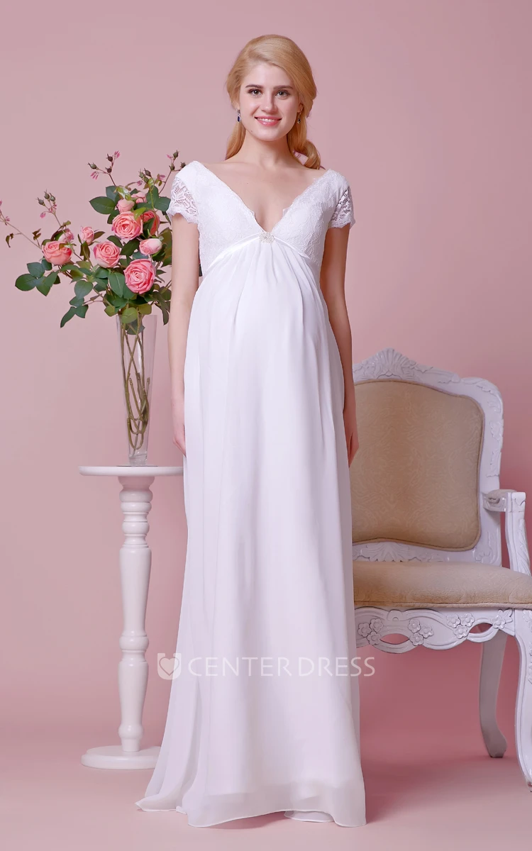 Low V Neck A-line Chiffon Maternity Wedding Dress With Lace Bodice