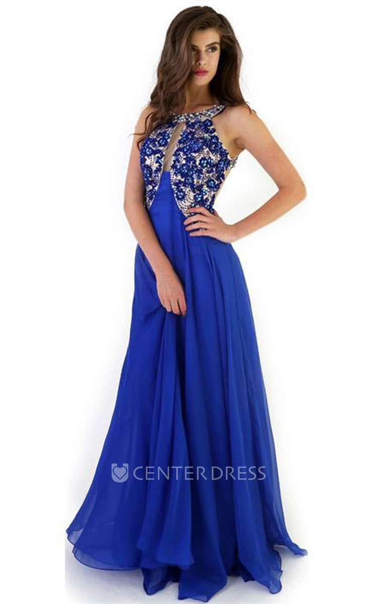 A-Line Sleeveless Floor-Length Crystal Scoop Chiffon Prom Dress With Backless Style And Pleats