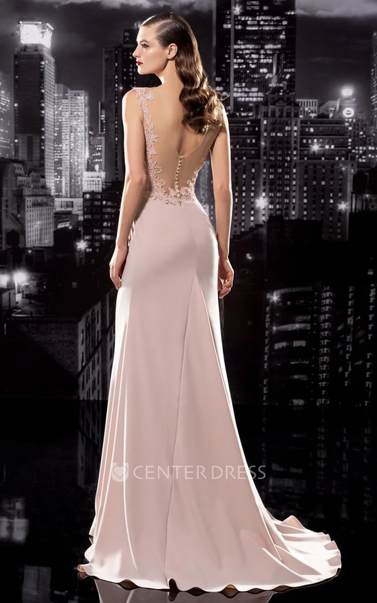 Sheath Long Scoop-Neck Sleeveless Jersey Low-V Back Dress With Appliques