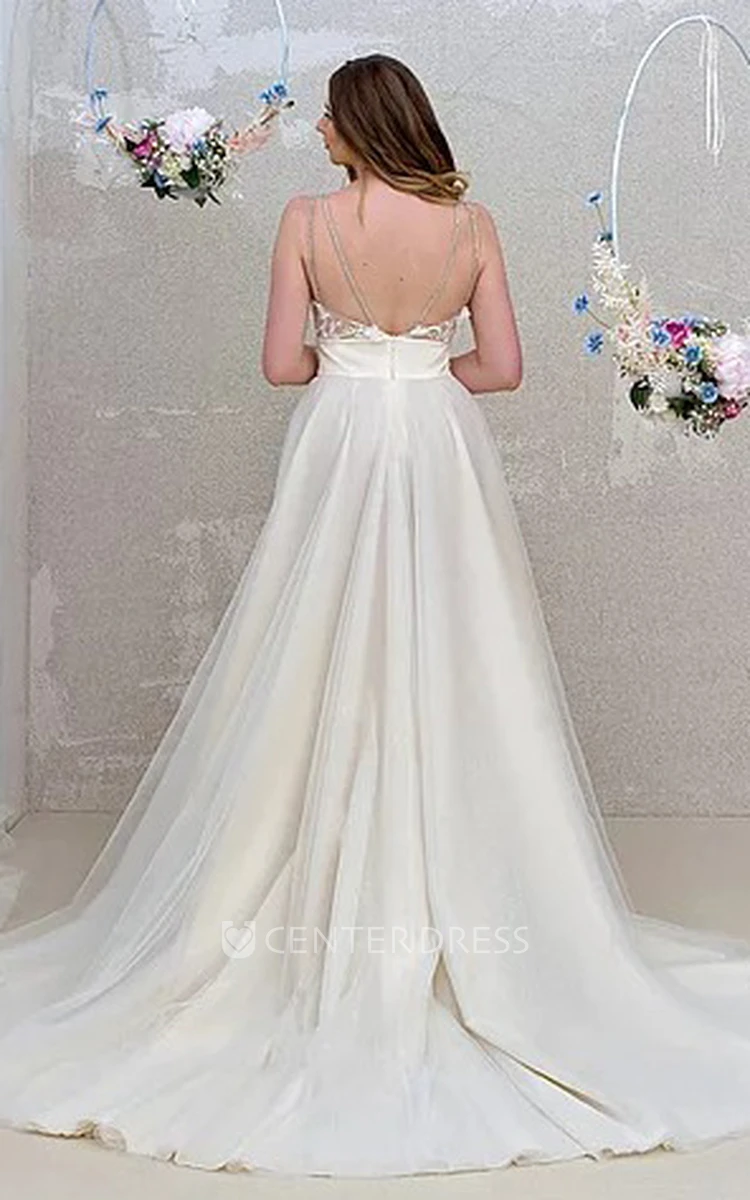 Romantic A Line Sleeveless Floor-length Tulle Open Back Wedding Dress with Split Front