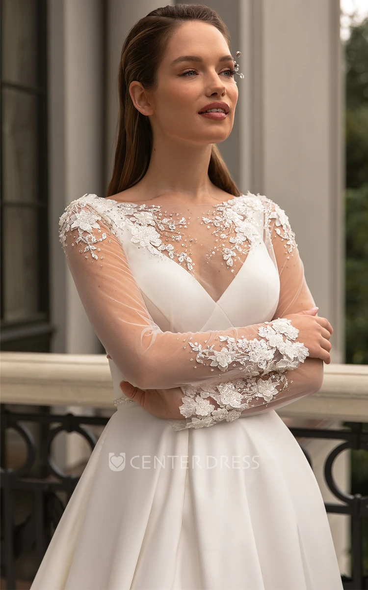 Ethereal V-neck A Line Satin Chapel Train Wedding Dress with Split Front