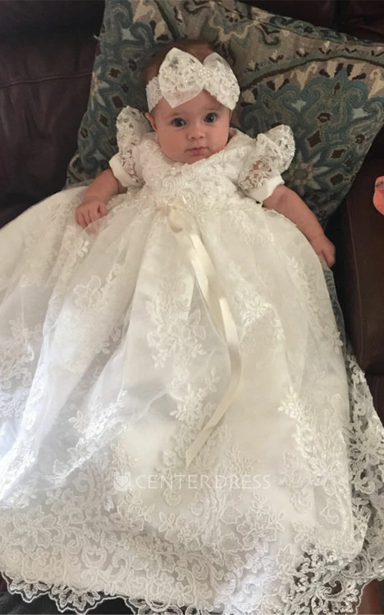 Gorgeous Lace Christening Gown With Delicate Beading And Bow
