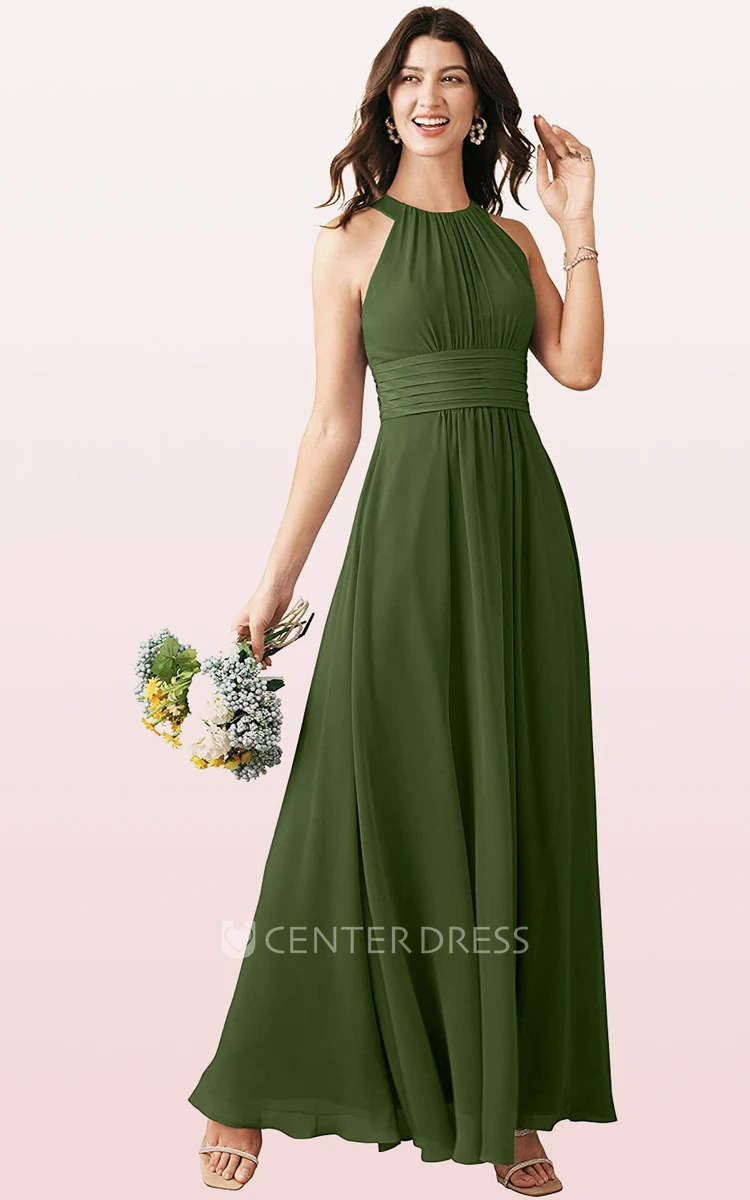Elegant Chiffon Ankle-length Halter A Line Sleeveless Bridesmaid Dress With Ruching