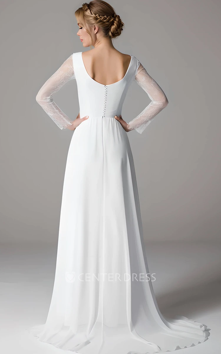 Simple Modest A-lIne Long Sleeve Satin Wedding Dress Elegant Illusion Casual Floor Length Bridal Gown
