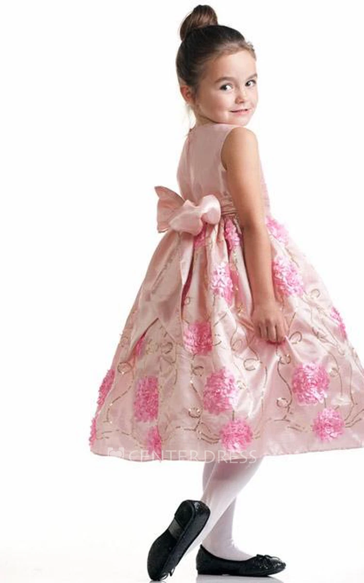 Tea-Length Floral Bowed Flower Girl Dress With Embroidery