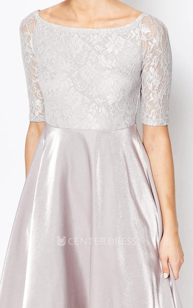 A-Line Knee-Length Short Sleeve Lace Scoop Neck Strectch Satin Bridesmaid Dress