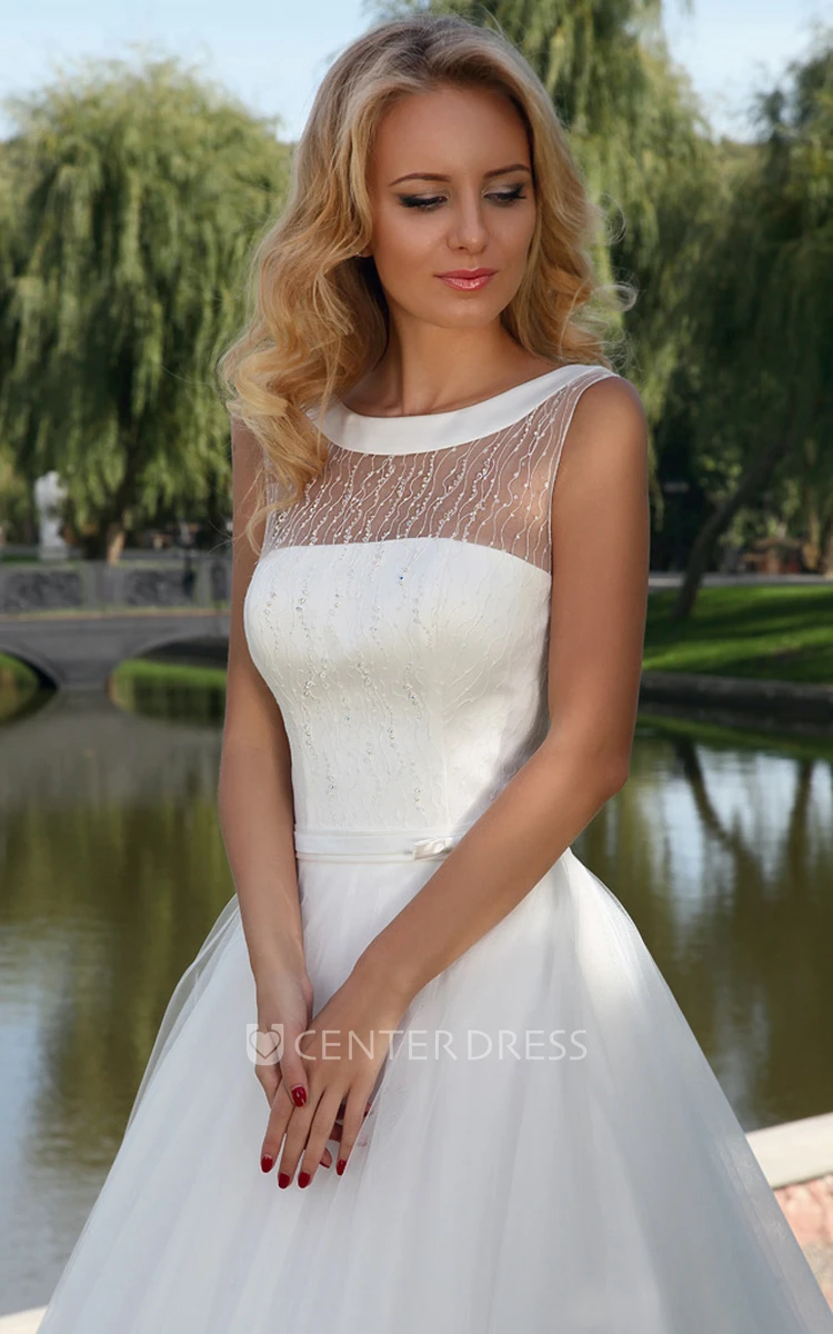 A-Line Floor-Length Sleeveless Scoop-Neck Tulle Wedding Dress With Beading And Corset Back