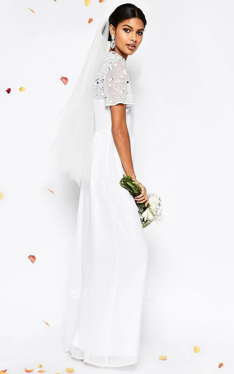 Sheath Floor-Length High Neck Short-Sleeve Chiffon Wedding Dress With Sequins