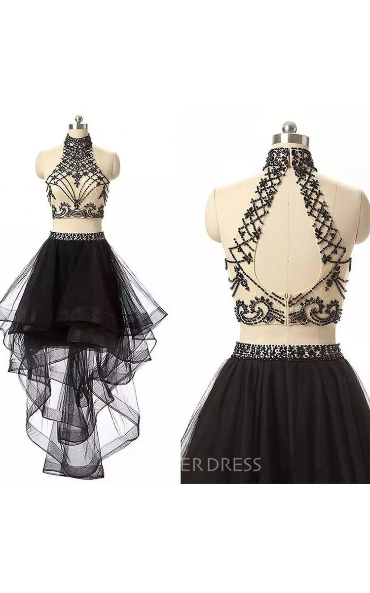 Two Piece High-low Sleeveless High Neck Beading Pleats Ruffles Tulle Homecoming Dress