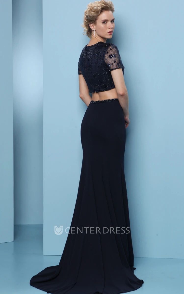 Sheath Short-Sleeve Jewel-Neck Floor-Length Crystal Jersey Prom Dress