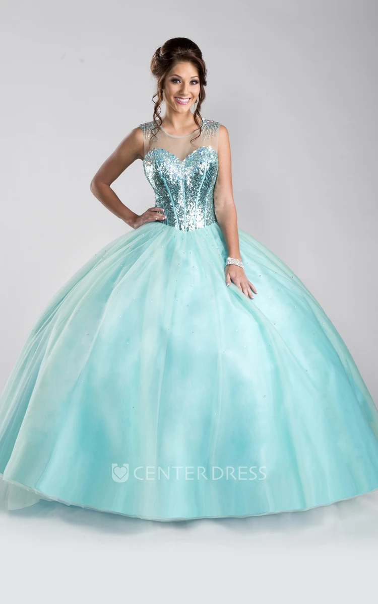 Tulle A-Line Sleeveless Ball Gown With Sequined Bodice And Keyhole Back