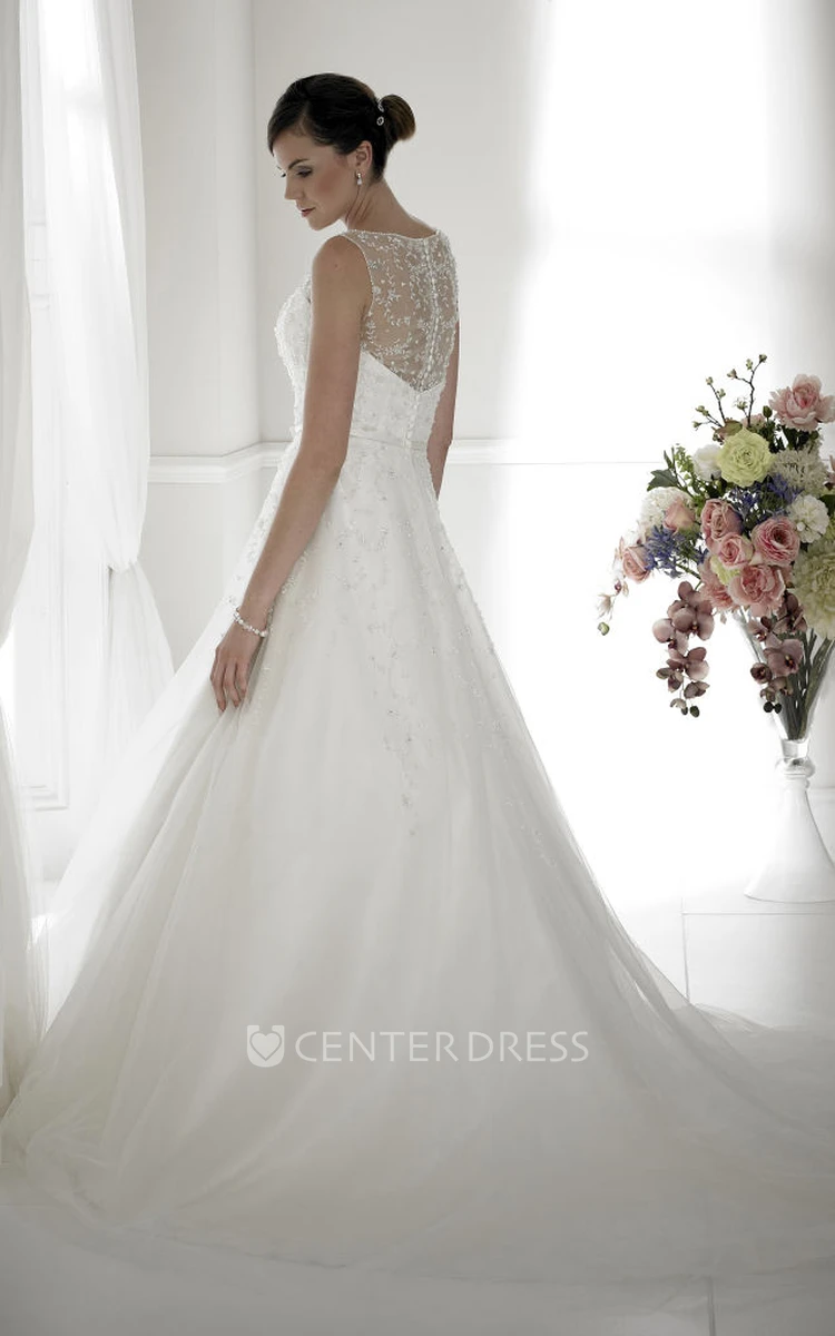 Ball-Gown Sleeveless Long Scoop Beaded Tulle Wedding Dress With Illusion Back And Chapel Train