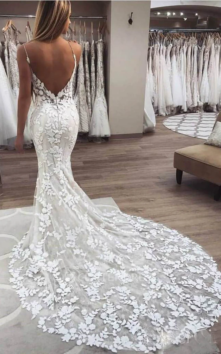 Elopement Sexy Mermaid Boho Lace Appliqued Wedding Dress with Zipper Back and Chapel Train