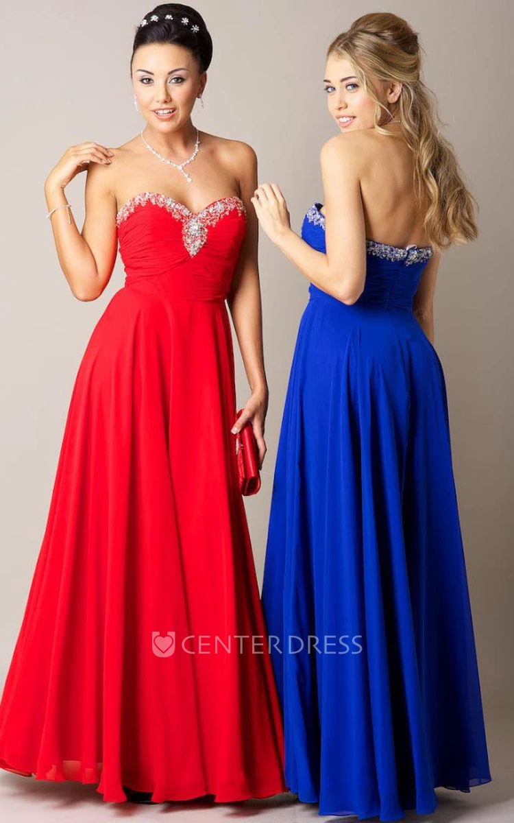 A-Line Ruched Floor-Length Sleeveless Sweetheart Chiffon Prom Dress With Beading And Draping