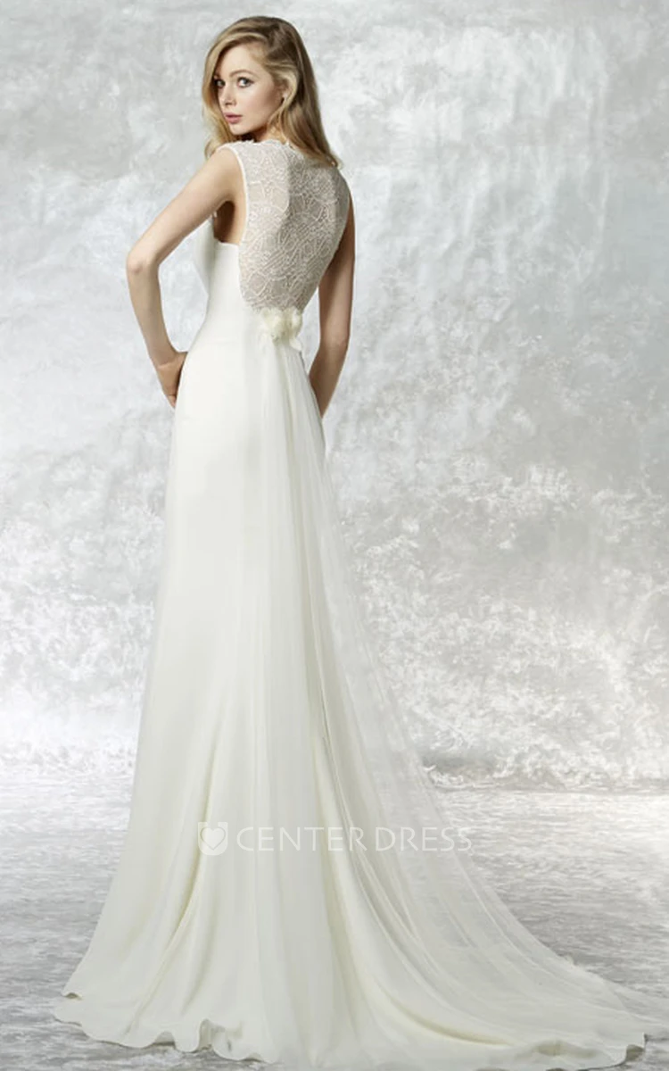 High Neck Maxi Lace Jersey Wedding Dress With Sweep Train And Illusion
