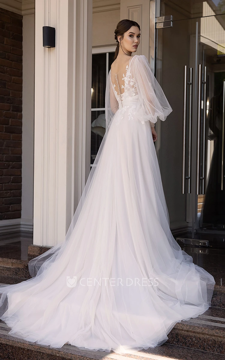Elegant Lace V-Neck A-Line Wedding Dress with Appliques Casual Wedding Dress