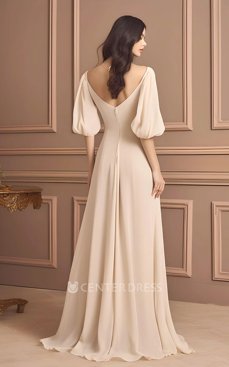 Elegant A-Line Chiffon Mother of the Bride Dress Simple Floor-length Casual Poet Sleeve