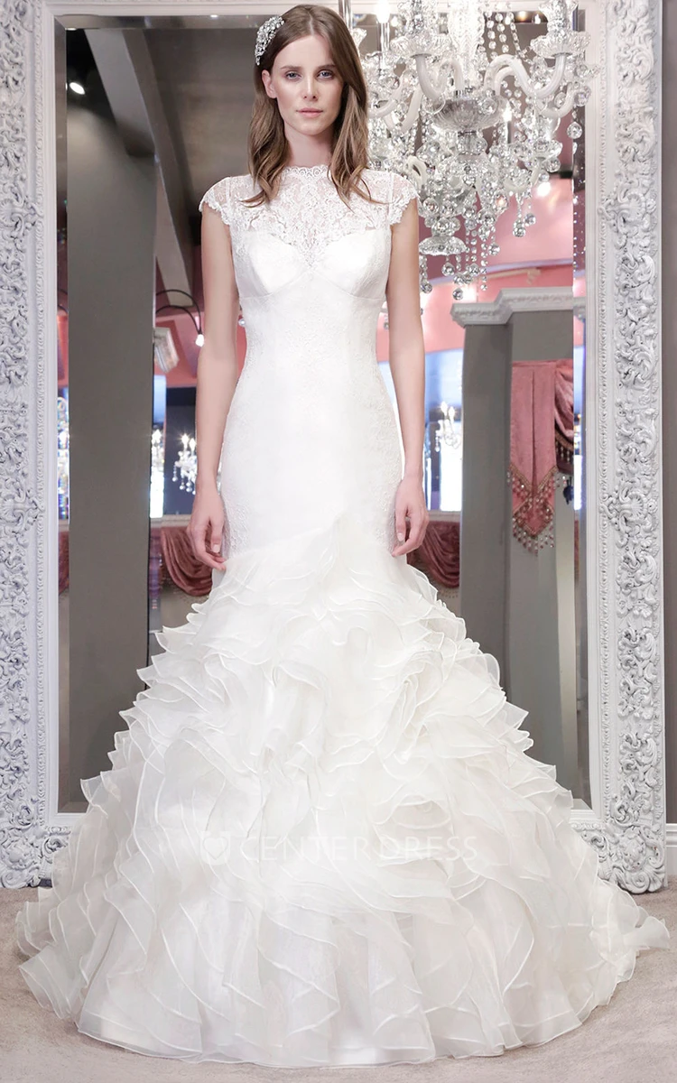 A-Line Cap-Sleeve Floor-Length High Neck Ruffled Organza&Lace Wedding Dress With Appliques And Keyhole