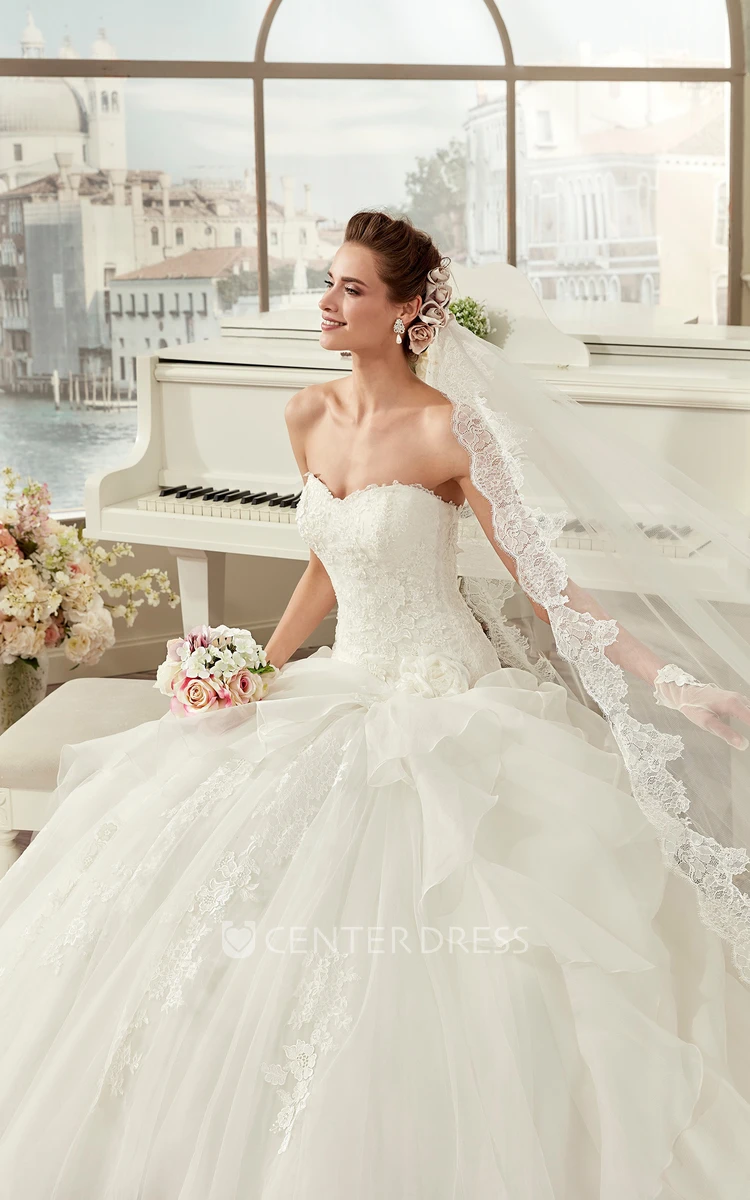 Strapless A-Line Floral Bridal Gown With Side Ruffles And Open Back