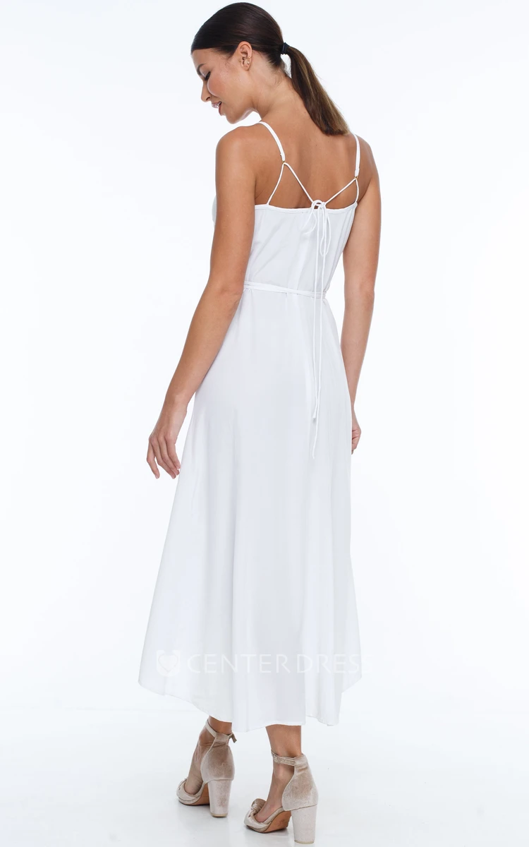 Informal Spaghetti Straps A-Line Charmeuse Bridesmaid Dress With Sash And Split Front