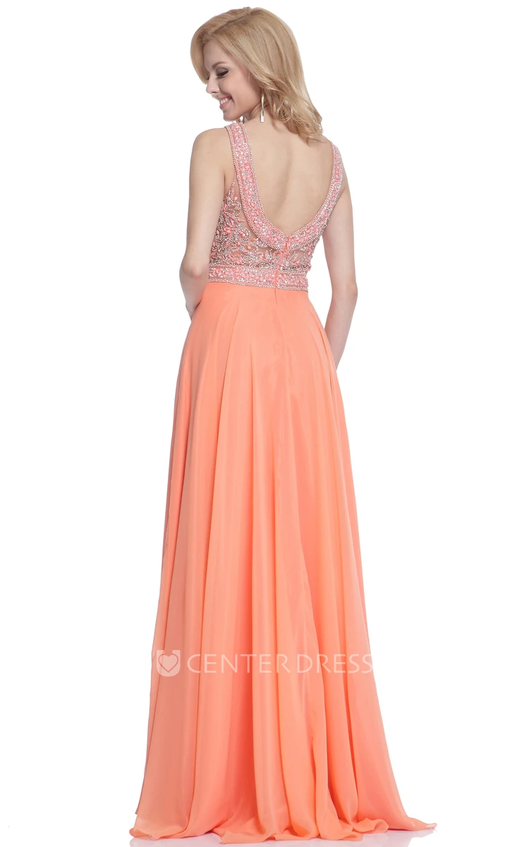 A-Line Jewel-Neck Sleeveless Chiffon Low-V Back Dress With Beading And Pleats