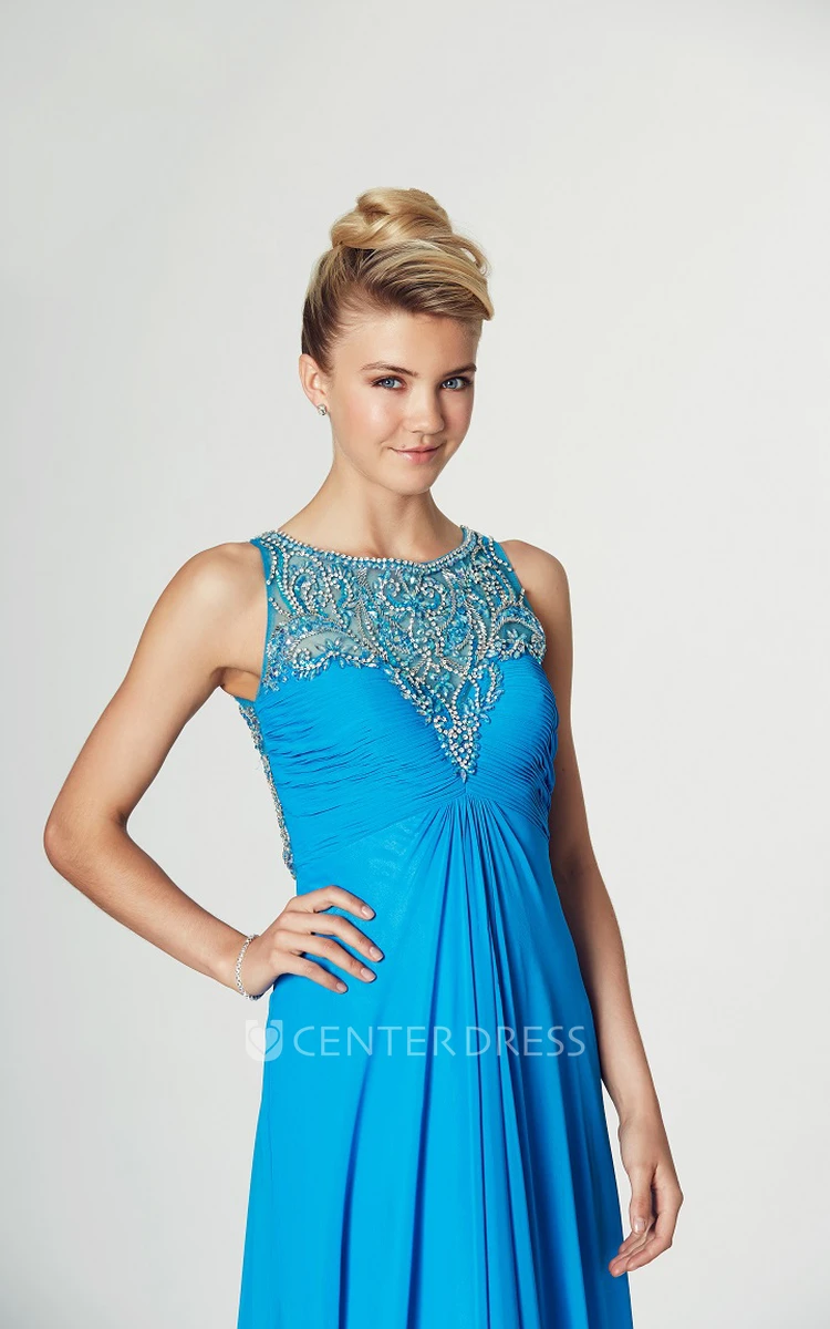 Ruched Sleeveless Scoop Neck Chiffon Prom Dress With Pleats And Beading