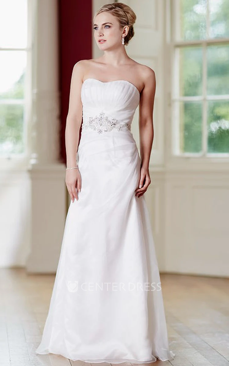 Sheath Jeweled Strapless Satin&Tulle Wedding Dress With Ruching And Lace Up
