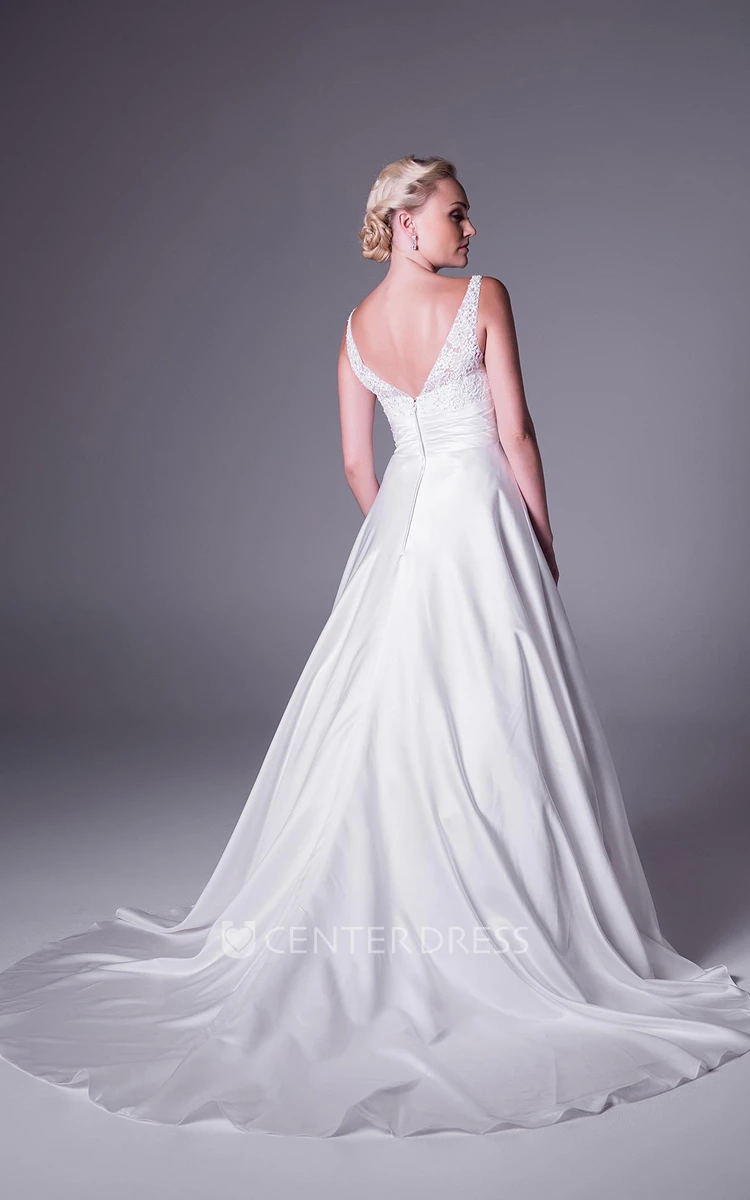 A-Line V-Neck Floor-Length Appliqued Sleeveless Satin Wedding Dress