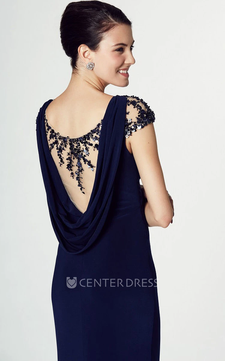 Sheath Cap Sleeve V-Neck Appliqued Jersey Prom Dress With Brush Train
